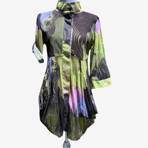 Lindi  green purple  3/4 Roll-Up Sleeve Drape Pleat Tunic Top M - Picture 1 of 7